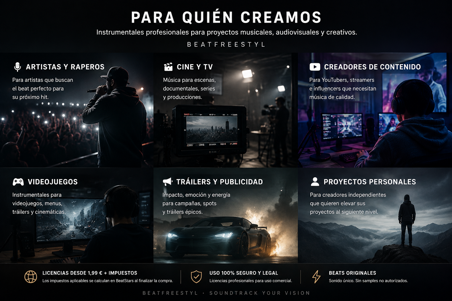 Para quién creamos: instrumentales profesionales para artistas y raperos, cine y TV, creadores de contenido, videojuegos, tráilers y publicidad, y proyectos personales de BeatfreeSTYL